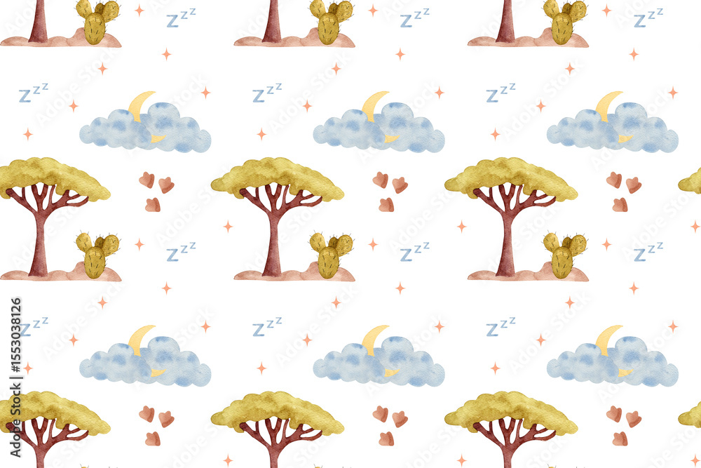 Obraz premium Watercolor Desert Night Pattern: Trees, Cacti, Clouds, Moon, and Hearts on a Soft Light Beige Background – Ideal for Kids' Room Decor