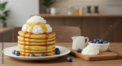 Golden Pancakes Stacked High with Whipped Cream and Drizzled Honey
