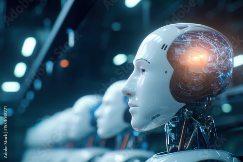 A close-up of a humanoid robot head with visible internal circuits, surrounded by similar robots in a futuristic, technology-focused environment.