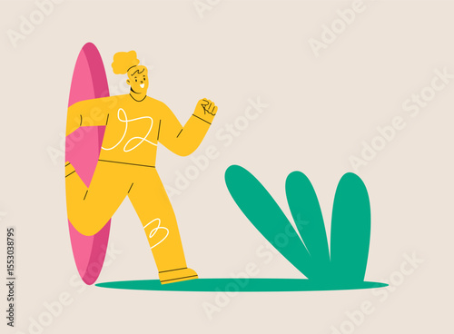 Freedom concept. Woman comes out of the hole. Colorful vector illustration