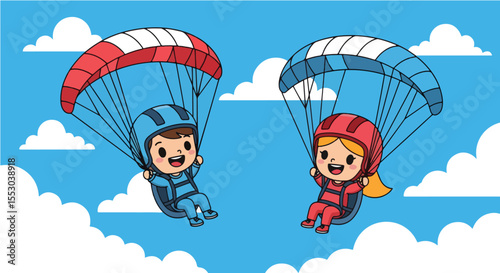 Cheerful cartoon skydivers soar through the bright blue sky, enjoying the thrill of parachuting among fluffy white clouds. Vector Illustration