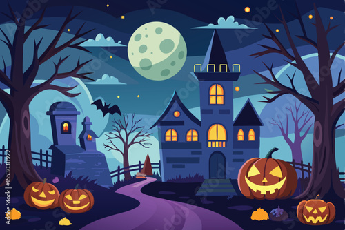 A vibrant, flat design Halloween scene featuring a dark, gothic mansion at night under a full moon.