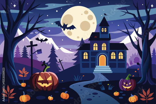A captivating illustration of a Halloween night scene featuring a magnificent, gothic-style mansion illuminated by warm, inviting light.
