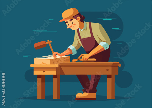 A focused carpenter is shown in a workshop setting, meticulously working on a piece of wood.