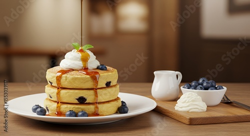 Golden Syrup Drizzles onto Fluffy Pancakes Topped with Whipped Cream and Blueberries