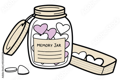 Flat lay of a glass memory jar filled with small red heart shapes