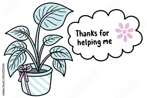 Flat lay of a potted friendship plant with a decorative label