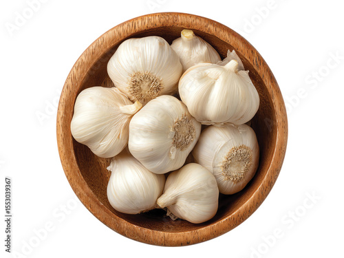  Garlics White wooden bowl isolated on transparent background png
