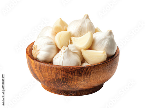  Garlics White wooden bowl isolated on transparent background png
