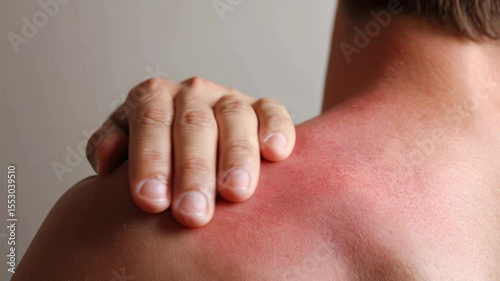 Man touching red irritated shoulder due to burn or skin reaction.