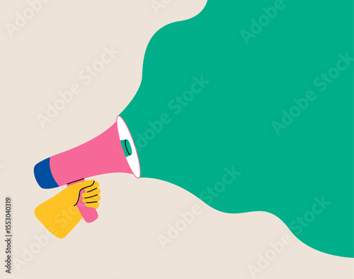 Hand holding megaphone. Colorful vector illustration