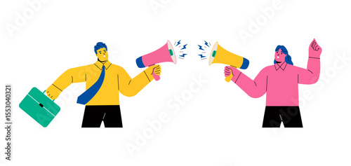 Business man and business woman using megaphones to express their views. Flat vector illustration isolated on white background