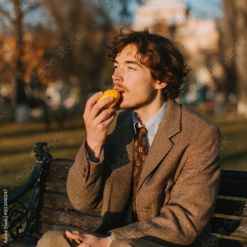 A young man savoring a yellow fruit outdoors. The scene captures a moment of peaceful enjoyment in a park setting