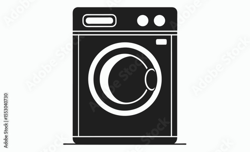 Washing machine silhouette, laundry icon with clothes, black vector appliance illustration