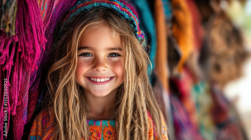 Fototapeta premium A smiling girl with long flowing hair wears a colorful knitted cap while standing in front of vibrant textiles, radiating joy and innocence in a lively atmosphere.