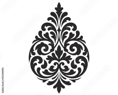 Intricate Damask Silhouette Design Timeless Ornamental Elegance on White Canvas.