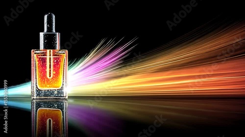 A droplet bottle with streaks of colorful light on a black reflective surface