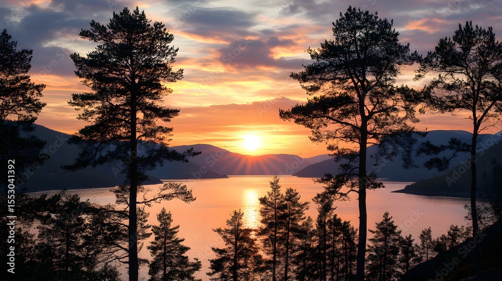 Obraz premium Broad shot of the sunset over the fjord with silhouettes of pine trees in Nordland county, Norway