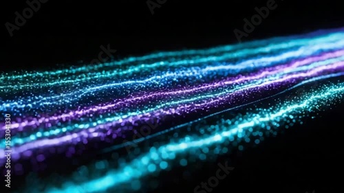 Glowing particle streams flow across dark backdrop; digital art for tech