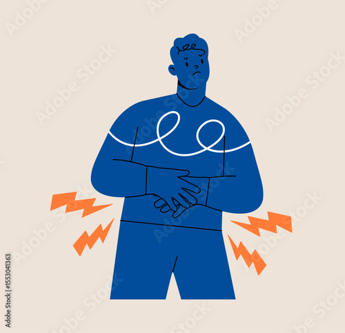 Man holding his stomach, get an upset stomach or an ulcer. Colorful vector illustration