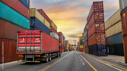 Cargo truck driving through shipping containers in an industrial logistics zone during sunset.