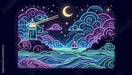 Moonlit ocean journey with a sailboat under a starry night sky