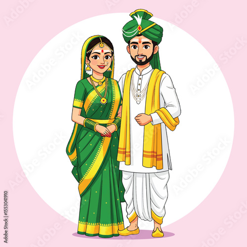 Maharashtrian Wedding Couple Cartoon Illustration – Traditional Marathi Bride and Groom Vector