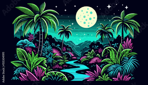 tropical island with palm trees vector illustration with neon style
