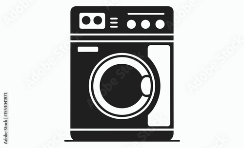Washing machine silhouette, laundry icon with clothes, black vector appliance illustration
