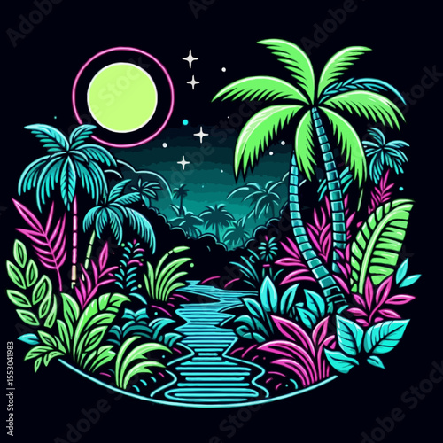tropical island with palm trees vector illustration with neon style