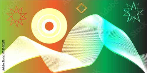 Abstract colorful background with glowing wave lines, gradient sunset colors, geometric circular and star shapes, and a futuristic digital design.