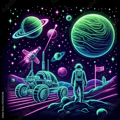 spaceship and planet vector illustration neon style