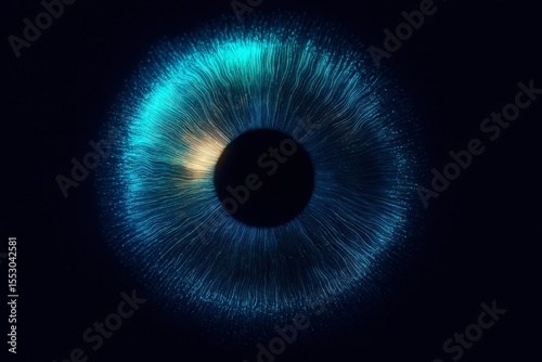 Flow of Light Particles Forming an Abstract Eye-like Vortex on Black. Conceptual Iris. Technology Websites, Sci-Fi, Digital Portfolios, Futuristic Branding, Security, Surveillance Themes. Background