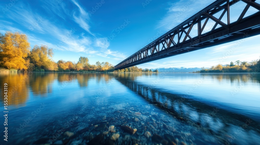 Fototapeta premium A tranquil river reflects a beautifully arched bridge under a clear blue sky, surrounded by autumn foliage, creating a serene landscape that invites relaxation and contemplation.