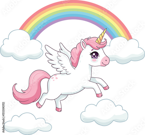 Magical Flying Unicorn with Rainbow and Clouds: Whimsical Fantasy Illustration