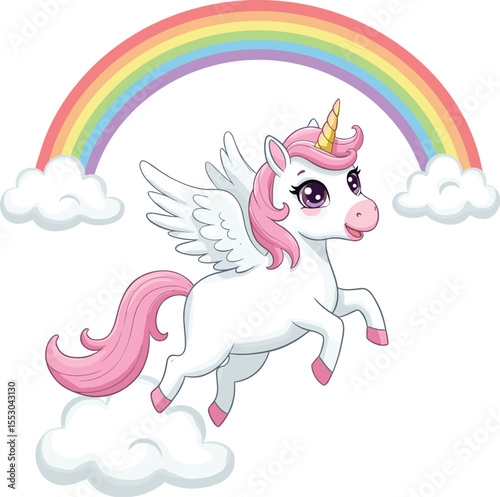 Magical Flying Unicorn with Rainbow and Clouds: Whimsical Fantasy Illustration