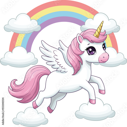 Magical Flying Unicorn with Rainbow and Clouds: Whimsical Fantasy Illustration