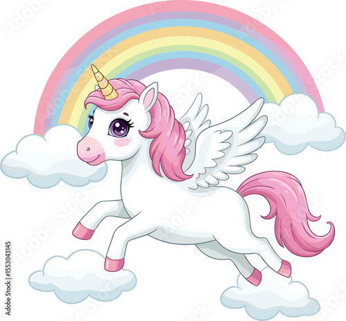Magical Flying Unicorn with Rainbow and Clouds: Whimsical Fantasy Illustration