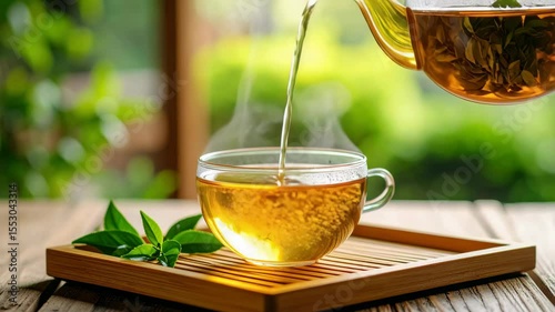 A soothing scene of herbal tea being poured into a glass cup on a wooden tray, set against a blurred green garden backdrop.