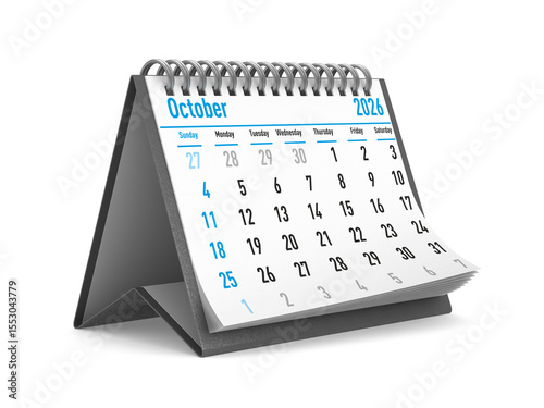 2026 year. Calendar for October. Isolated 3D illustration