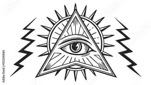 All seeing eye within a triangle with rays and lightning bolts silhouette isolated on transparent background