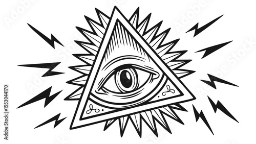 Mysterious all seeing eye within a triangle radiating light and lightning bolts silhouette isolated on transparent background