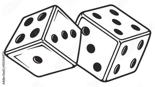 Two stylized black and white dice with visible pips are depicted in a simple line art silhouette style isolated on transparent background