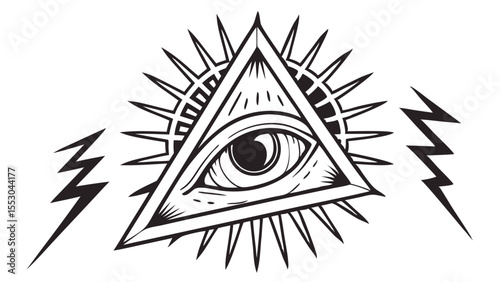 All seeing eye within a triangle surrounded by rays and lightning bolts silhouette isolated on transparent background