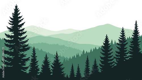 Layered green mountain ranges and pine forest silhouettes against a dark sky isolated on transparent background silhouette