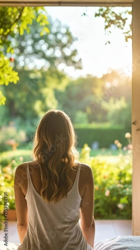 Young woman in white sitting on bed looking out open window at lush green garden bathed in warm sunlight, serene scene.