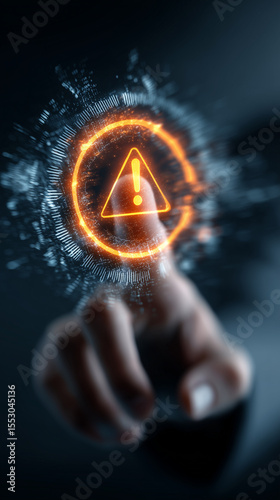 System warning alert on virtual interface with hand interaction. Concept of cybersecurity risk, data breach, malware, hacking, IT failure, and digital system vulnerability in modern technology