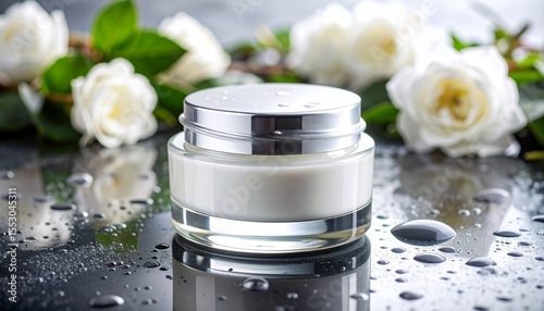 A glass moisturizer jar reflective surface with water droplets, elegant marble background, luxury skincare product showcase for spa, wellness, and cosmetic branding 