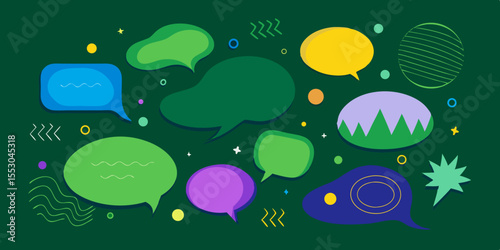Colorful abstract speech bubbles with geometric shapes create a modern, vibrant design perfect for communication or social media themed projects.