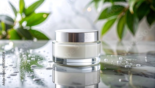 Minimalist skincare moisturizer jar mockup placed on a smooth stone pedestal with eucalyptus leaves and sunlight, clean background, organic branding style, product advertising